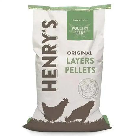 White and green bag of henry’s original layer pellets with brown chicken silhouettes for poultry feed