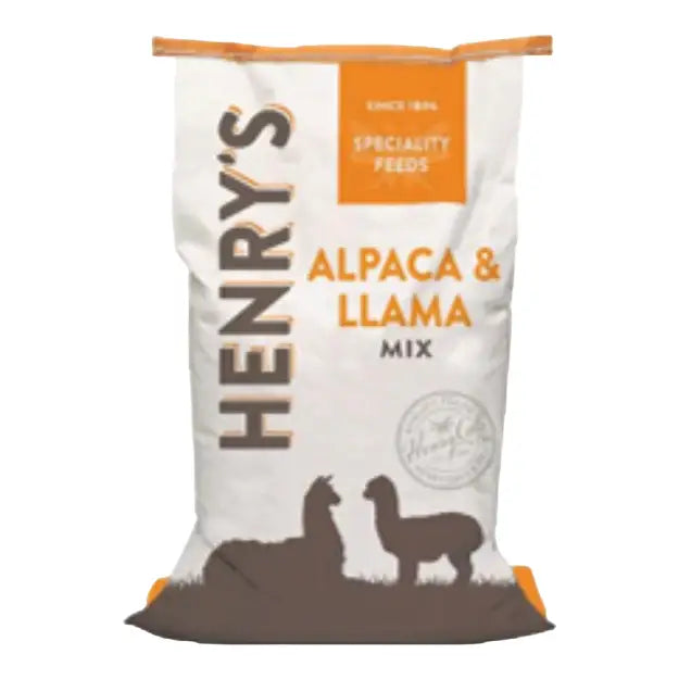 Henrys llama high quality alpaca feed bag in white and orange with brown alpaca and llama silhouettes
