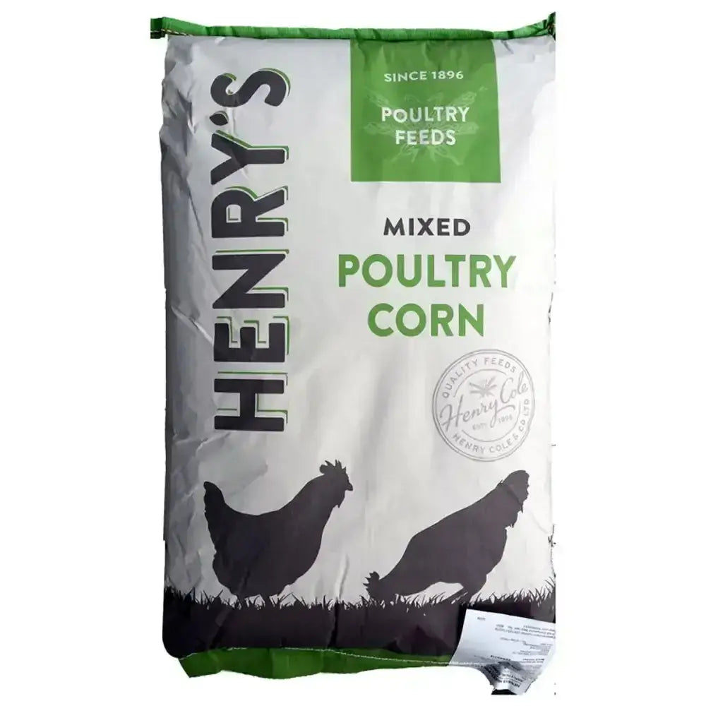 White and green bag of henry’s mixed poultry corn feed with black chicken silhouettes for a nutritionally balanced diet