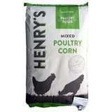 White and green bag of henry’s mixed poultry corn feed with black chicken silhouettes for a nutritionally balanced diet