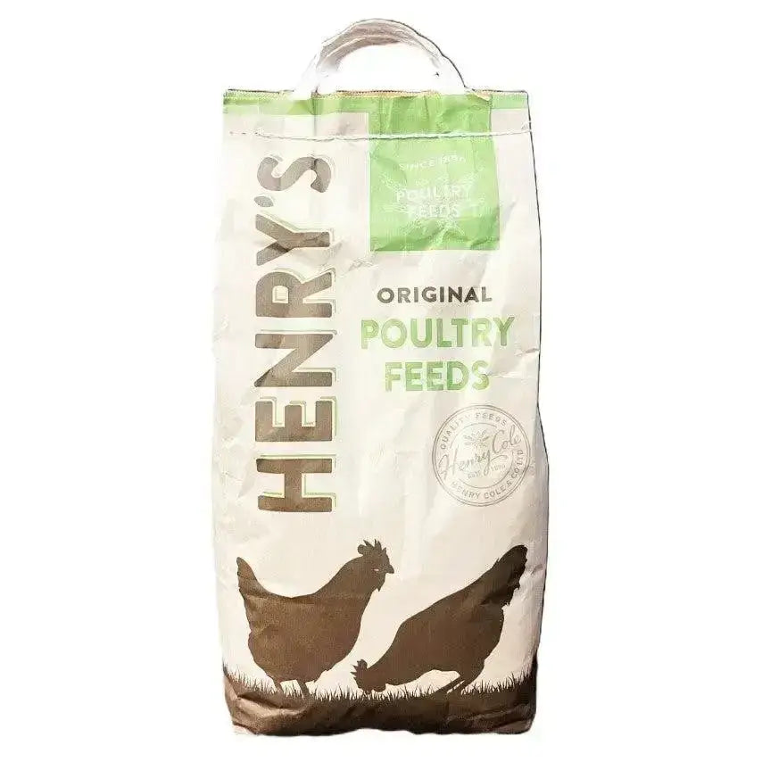 A white and green bag of henry’s mixed poultry corn feed with brown chicken silhouettes for a nutritionally balanced diet