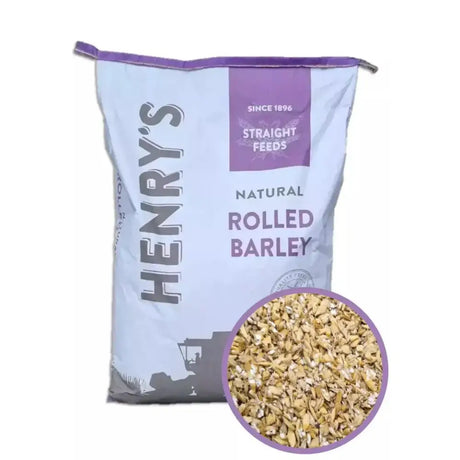 Henry’s rolled barley in a light blue and purple bag with circular inset showing golden micronised rolled barley grains