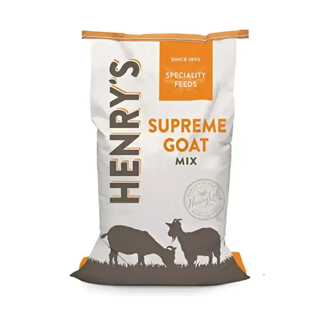 White and orange bag of henrys supreme goat mix specialty feed with goat silhouettes for mixed herd feed