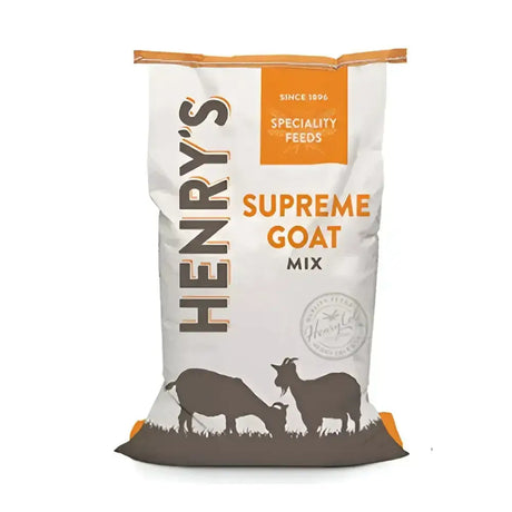 White and orange bag of henrys supreme goat mix specialty feed with goat silhouettes for mixed herd feed