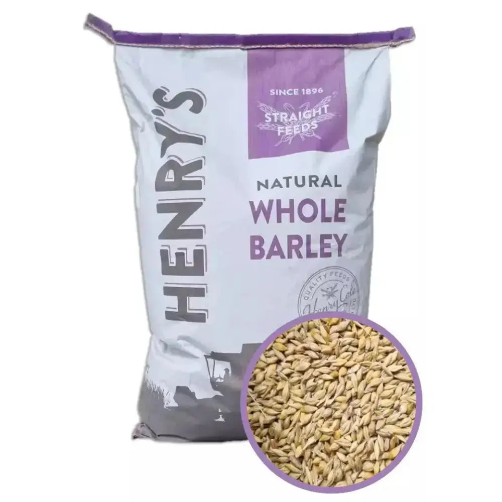 A white and purple 20kg bag of henrys whole barley with bold black lettering and farm silhouette for horse feed