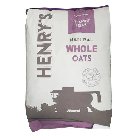 A white and purple bag of henrys whole oats with a combine harvester silhouette for high proportion horse feeds