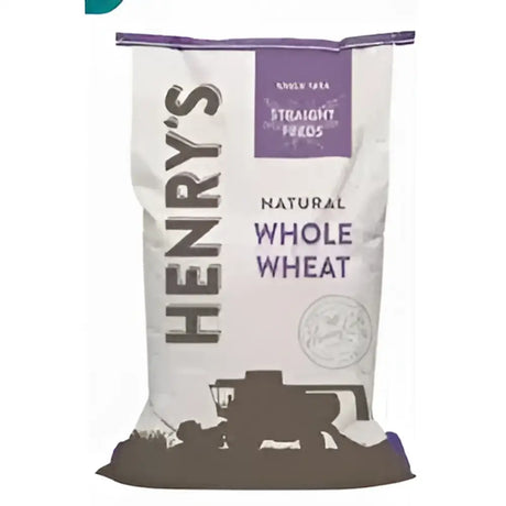 White bag of henrys whole wheat with purple accents and combine harvester for straight feed and digestive issues fiber content