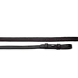Black leather riding crop with textured dotted pattern and silver buckle for heritage children’s rubber reins