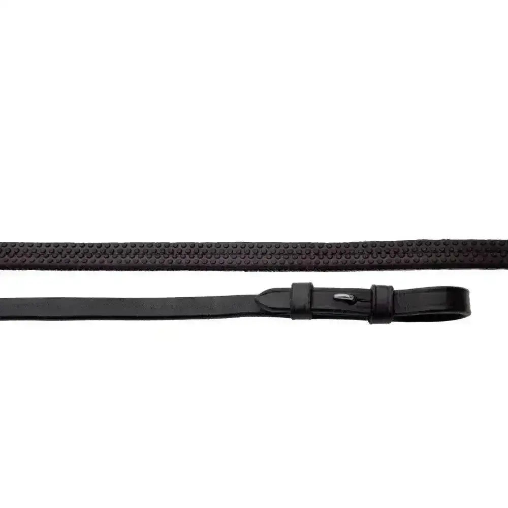 Black leather riding crop with textured dotted pattern and silver buckle for heritage children’s rubber reins