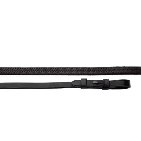 Black leather riding crop with textured dotted pattern and silver buckle for heritage children’s rubber reins