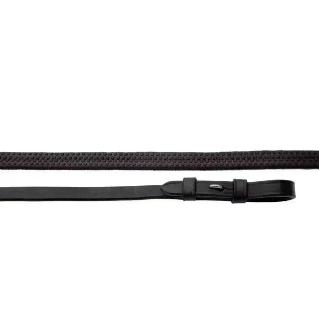 Black leather riding crop with textured dotted pattern and silver buckle for heritage children’s rubber reins