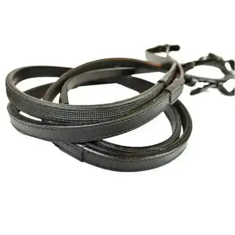 Black leather heritage english leather inside grip reins with textured straps and metal hardware for riding