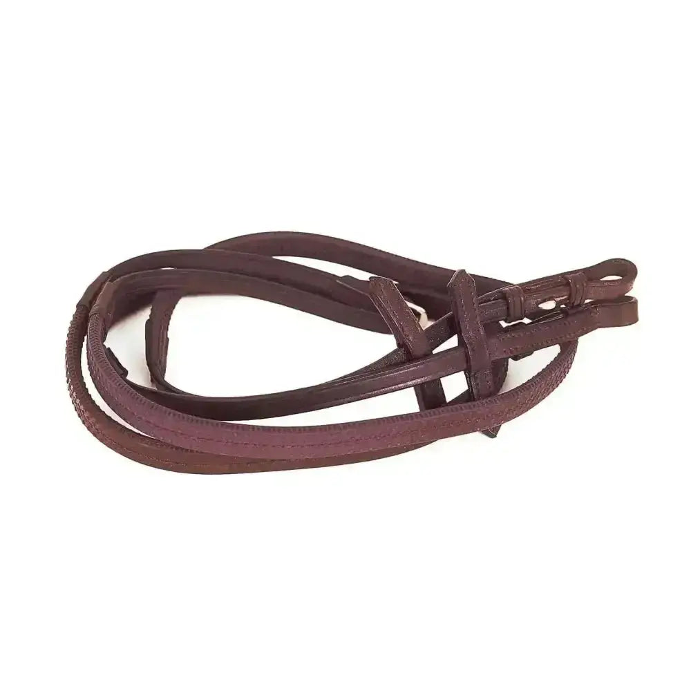 Brown heritage english leather horse bridle strap with stitched edges and metal buckle for rubber covered reins