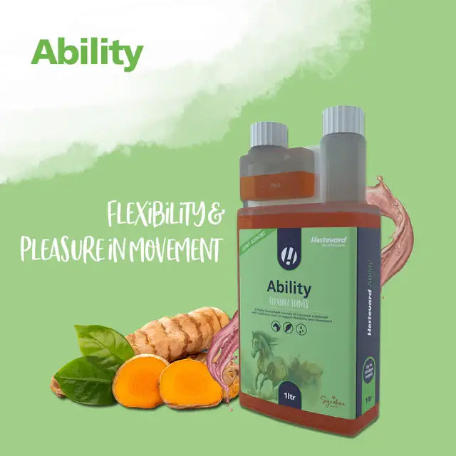 A 1-liter bottle of hestevard ability joint supplement with a green and orange label featuring horses turmeric roots and hyaluronic acid