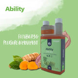 A 1-liter bottle of hestevard ability joint supplement with a green and orange label featuring horses turmeric roots and hyaluronic acid
