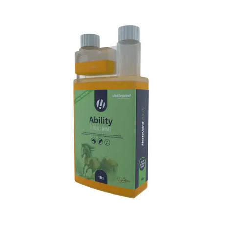 A 1 liter bottle of hestevard ability horse feed supplement with a green and orange label featuring hyaluronic acid