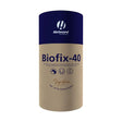 A cylindrical container of hestevard biofix 40 horse hoof supplements in mini pellet form with a navy blue top and beige body