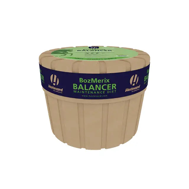 Beige plastic container with ribbed sides and green lid labeled bozmerix balancer maintenance diet by hestevard from signature range hestevard