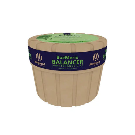 Beige plastic container with ribbed sides and green lid labeled bozmerix balancer maintenance diet by hestevard from signature range hestevard