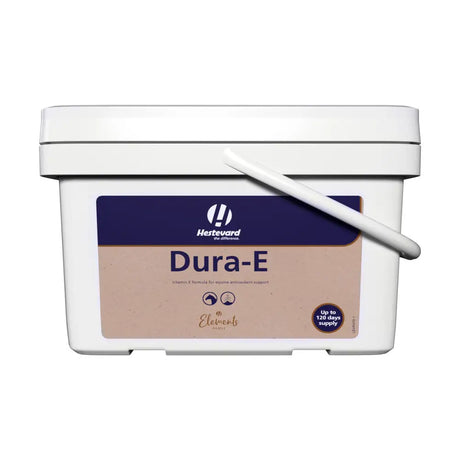 White plastic bucket with handle labeled hestevard dura-e featuring concentrated vitamin-e formula for antioxidant support