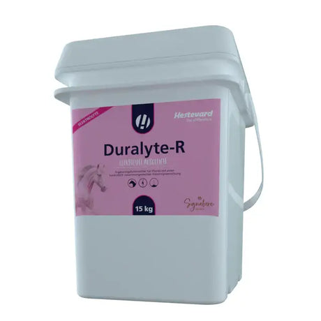 White plastic bucket with pink label of hestevard duralyte-r veterinarian formulated electrolyte replacement blend 15 kg