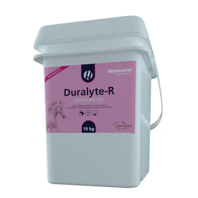 White plastic bucket with pink label of hestevard duralyte-r veterinarian formulated electrolyte replacement blend 15 kg