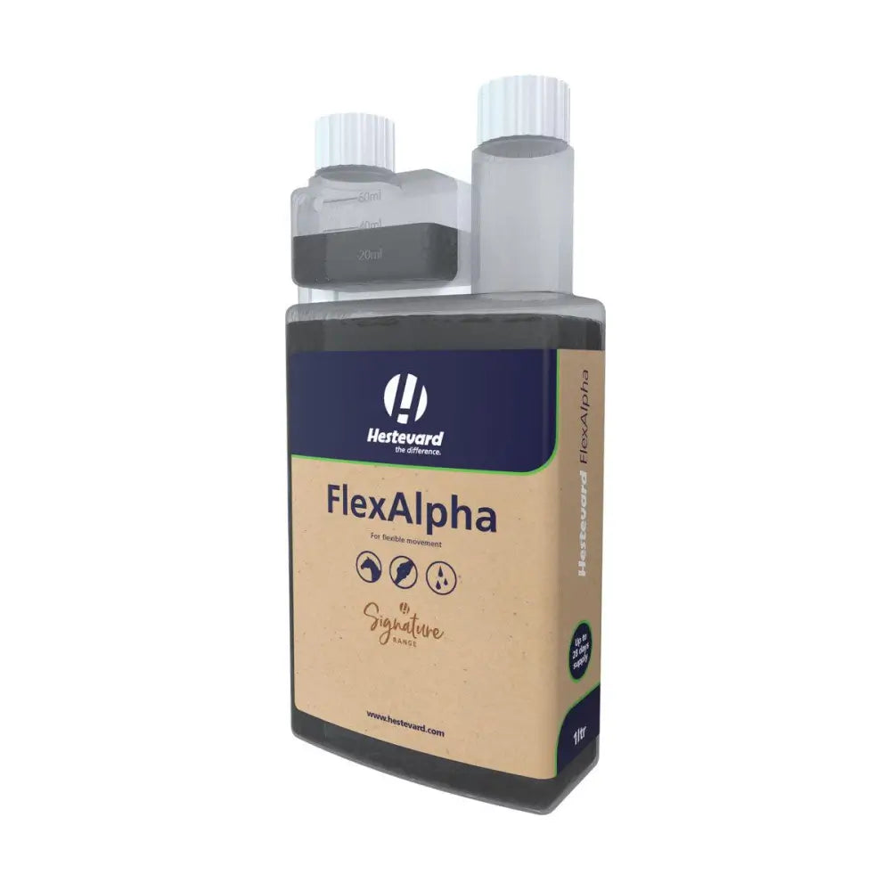 Hestevard flexalpha joint supplement in a clear plastic bottle with dual white caps supports joint metabolism