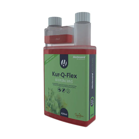 Green and red labeled bottle of hartevard hestevard kur-q-flex joint support supplement to control inflammation in horses