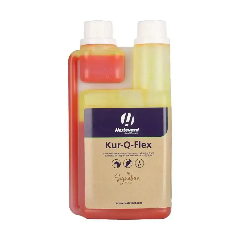 Hestevard kur-q-flex horse supplement bottle with dual compartments holding red and yellow liquid to control inflammation