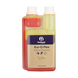 Hestevard kur-q-flex horse supplement bottle with dual compartments holding red and yellow liquid to control inflammation