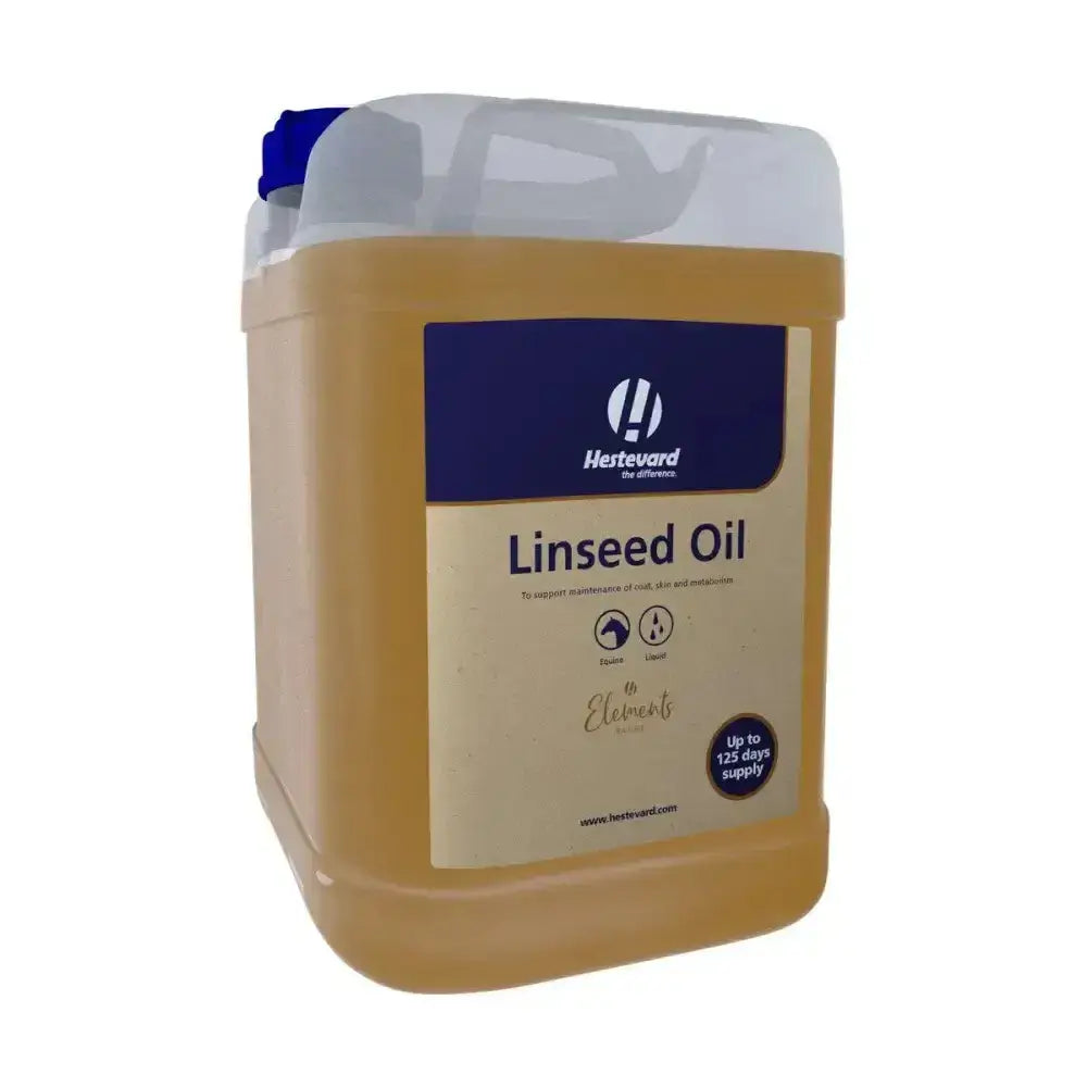 A translucent amber hestevard linseed oil in a sturdy plastic container with a blue cap cold pressed horse supplement