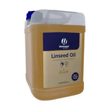A translucent amber hestevard linseed oil in a sturdy plastic container with a blue cap cold pressed horse supplement