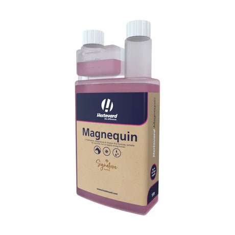 Hestevard magnequin 1 liter bottle with beige and navy label containing pink l-tryptophan feed supplement for horse calmers