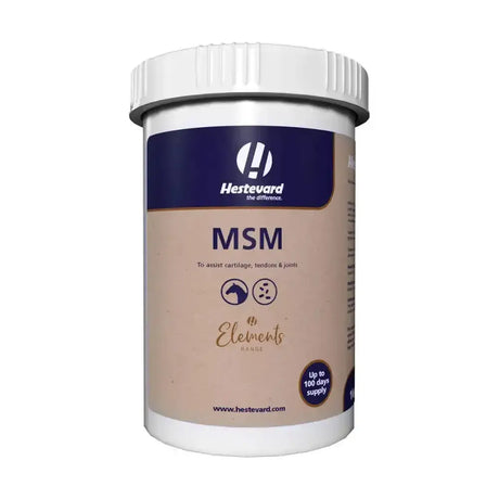 White plastic container with navy blue and beige hestevard msm joint support label for methyl sulfonyl methane use