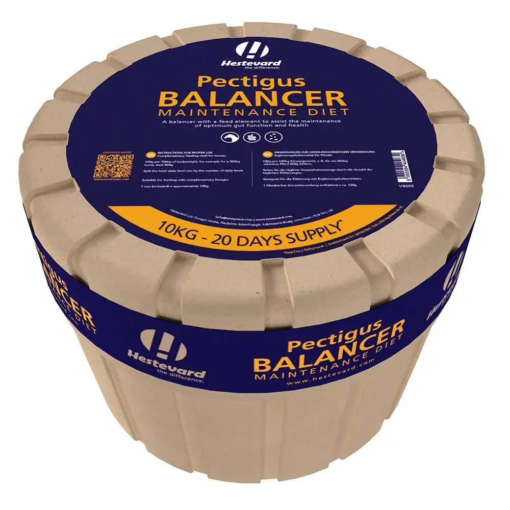 Beige plastic container of hestevard pectigus balancer feed element with blue yellow label for gastric disturbances care