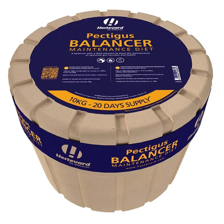Beige plastic container of hestevard pectigus balancer feed element with blue yellow label for gastric disturbances care