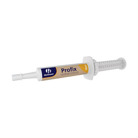 White plastic syringe style tube of hestevard profix 30ml pet dental care with synbiotic complex suitable for horse digestive use