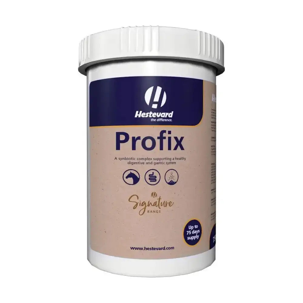 White plastic container with navy blue and beige hestevard profix label for horse digestive health synbiotic complex suitable