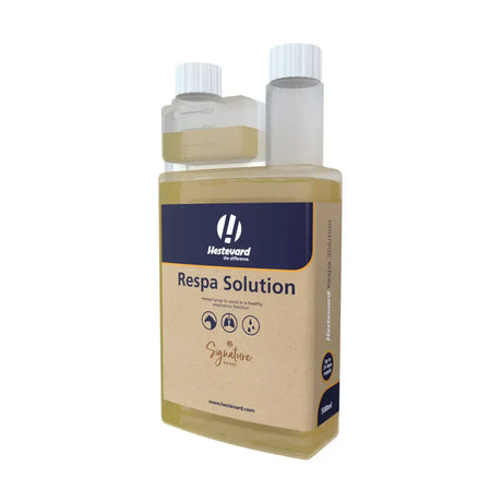 A 500ml transparent bottle of hestevard respa solution with white caps and beige label containing pale yellow liquid feed supplement with scots pine essential