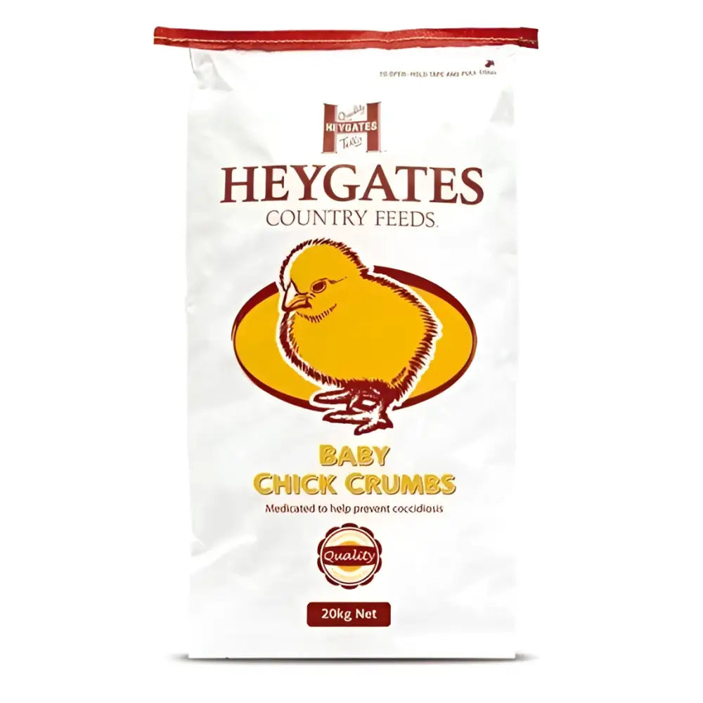 White bag of heygates baby chick crumbs feed with yellow chick illustration and red accents 20kg net weight