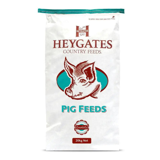 White bag of heygates breeding sow nuts pig feed with teal and brown pig logo for breeding sow nutrition