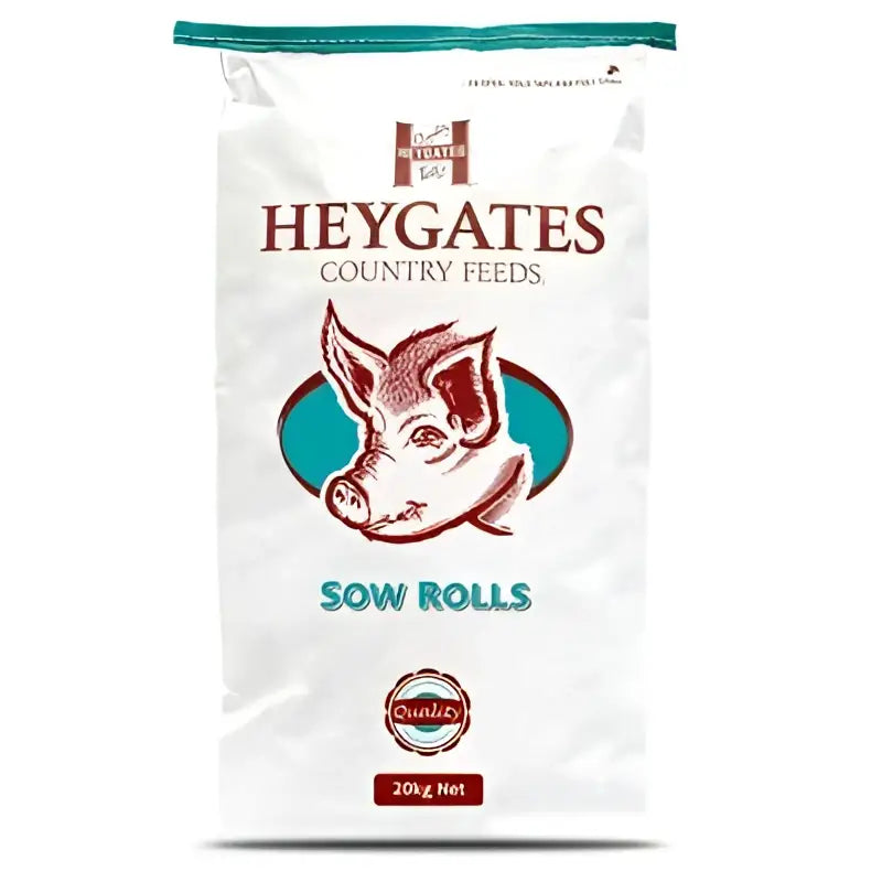 White bag of heygates breeding sow rolls livestock feed with teal and brown pig logo 20kg net weight