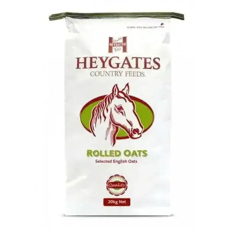White bag of heygates rolled bruised oats 20kg horse feed with green and brown horse illustration