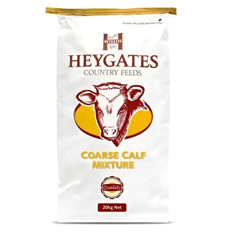 White bag of heygates coarse calf mix with red and yellow cow illustration for coarse calf feeding