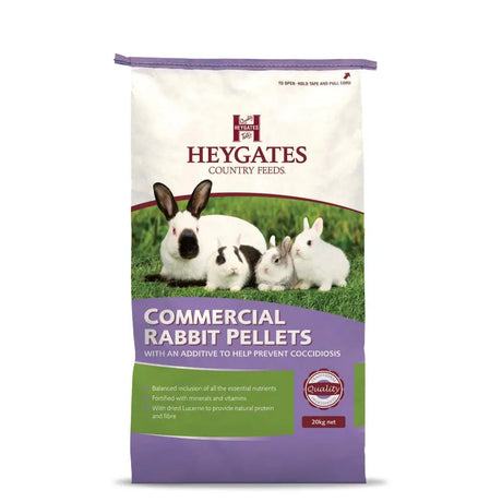 Purple and white bag of heygates commercial rabbit pellets 20kg with coccidiostat for healthy rabbits