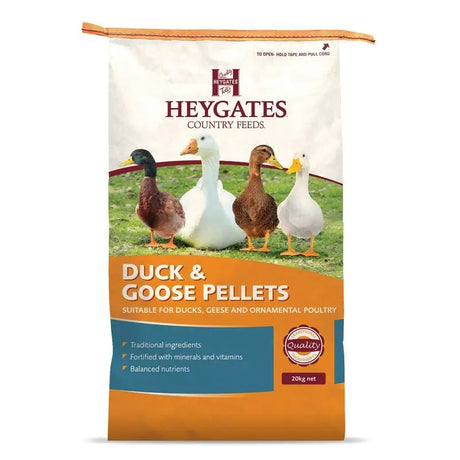 Orange and white heygates duck and goose pellets bag featuring a picture of four ducks for equestrian use