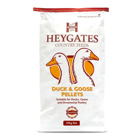 White bag of heygates duck and goose pellets with red and orange duck illustration for equestrian feed use