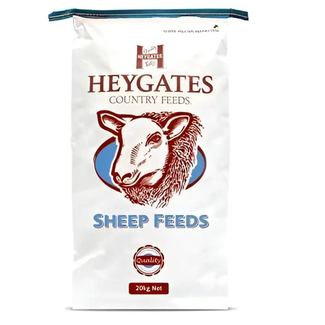 White bag of heygates flockmaster 18 nuts 20 kg sheep feed with red and blue sheep head illustration for equestrian use