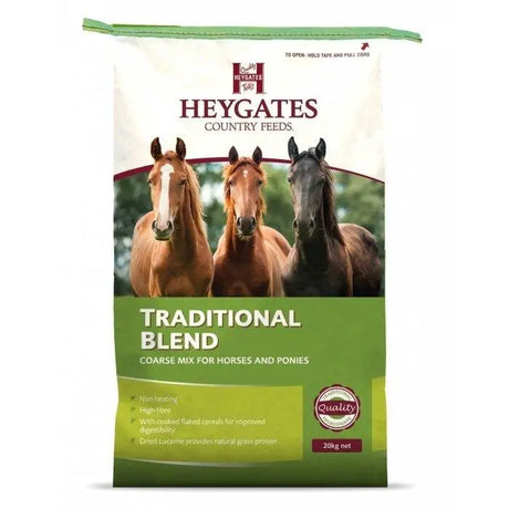 Green and white bag of heygates traditional blend coarse mix for horses and ponies with picture of three horses on front