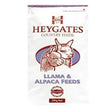 White bag of heygates llama and alpaca feed mix with premium molassed coarse and red blue animal illustration